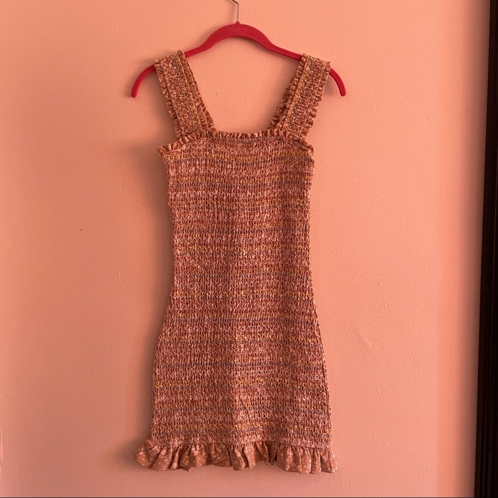 Lilyful Smocked Ruffle Floral Beige White Bodycon Dress Stretchy Thick Straps